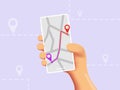 Cartoon hand holding phone with map on screen. Mobile gps navigation with icon on purple background Flat vector cartoon Royalty Free Stock Photo