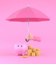 Cartoon hand holding pink umbrella to protect money. illustration for savings concept Royalty Free Stock Photo