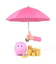 Cartoon hand holding pink umbrella to protect money. illustration for savings concept Royalty Free Stock Photo