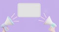 Cartoon hand holding Post information, megaphone announces notification banner sign megaphone with speech bubble on purple