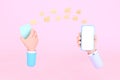 Cartoon hand holding smart phone with sharing files,digital technology Royalty Free Stock Photo