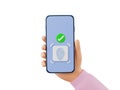Cartoon hand holding smartphone with screen fingerprint and correct check mark or biometric access control
