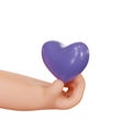Cartoon hand holds a Very Peri heart, isolated on a white background. Hand of a cartoon character gives a heart