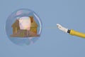 A cartoon hand with a needle pierces the bubble with a gold house business concept. 3D illustration.