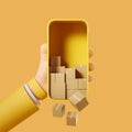 Cartoon hand with phone, boxes falling, online shopping and delivery Royalty Free Stock Photo