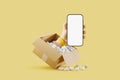 Cartoon hand with phone, parcel delivery. Mockup copy space