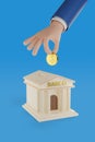 Cartoon hand putting a coin in a moneybox shaped like a bank building with bank text in spanish. 3d illustration