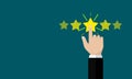 Cartoon hand Rating service with five Star. Positive Customer Review with golden 5 stars