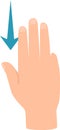 Cartoon hand scrolling down with three fingers, with a big blue arrow pointing down near them, representing using a