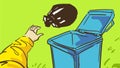 Cartoon Hand Throws Garbage In Blue Empty Trash Can On The Grass