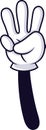 Cartoon hand wearing a white glove and showing three fingers gesture, counting or expressing a quantity with a simple