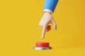 Cartoon hand will press a big red alert button on a yellow background Royalty Free Stock Photo