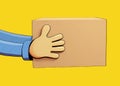 Cartoon hands carry a Cardboard box on a yellow background, Logistics, wholesale concept.Online Orders,