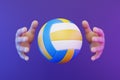 Cartoon hands catching a volleyball on a purple background