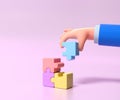 Cartoon hands connecting jigsaw puzzle. Symbol of teamwork, cooperation, partnership, Problem-solving, business concept. 3d illust