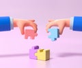 Cartoon hands connecting jigsaw puzzle. Symbol of teamwork, cooperation, partnership, Problem-solving, business concept. 3d illust