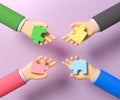 Cartoon hands connecting jigsaw puzzle. Symbol of teamwork, cooperation, partnership, Problem-solving, business concept. 3d illust