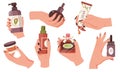 Cartoon hands with cosmetics. Woman hands with perfume and cosmetic bottles, woman care products flat style. Vector