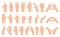 Cartoon hands gesture, hand poses, thumb up and counting gestures. Human hand gestures, count and crossed fingers vector