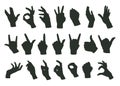 Cartoon hands gestures silhouettes. Human hands signs, okay, call, peace position and index finger sign flat vector illustration