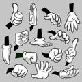 Cartoon hands with gloves icon set isolated. Vector clipart - parts of body, arms in white gloves. Hand gesture