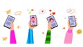 a cartoon of hands holding phones with a picture of a girl on the screen