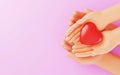 Cartoon Hands holding a red heart on blue background, CSR or Corporate Social Responsibility, health care, family insurance, heart Royalty Free Stock Photo