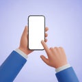 Cartoon hands holding a smartphone with a blank white screen and a finger touching the display Royalty Free Stock Photo