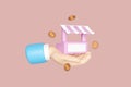 cartoon hands holding store front, coins isolated on pink background. Startup franchise business or loan approval concept, 3d Royalty Free Stock Photo