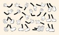 Cartoon hands and legs collection. Cute retro animation white feet and gloves characters body parts, abstract simple