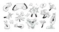 Cartoon hands. White gloves with comic action effects as claps, finger click, showing strength and hand wave. Vector set