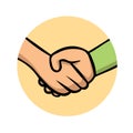 Cartoon handshake icon. Flat design icon. Colorful flat vector illustration. Isolated on white background. Royalty Free Stock Photo