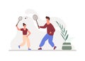 Cartoon handsome couple plays badminton illustration