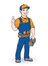 Cartoon handyman finger up, carpenter, builder, repairman with tools