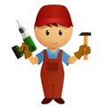 Cartoon handyman with hammer and drill