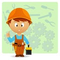 Cartoon handyman with tools on industry background