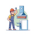 Cartoon handyman working with a kitchen extraction hood system Royalty Free Stock Photo