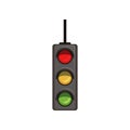 Cartoon hanging traffic semaphore with three colorful lamps. Road control device with red, yellow, green lights. Flat