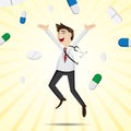 Cartoon happiness doctor jumping with medicine pills