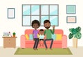 Cartoon happy african family stay home on sofa in the living room