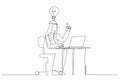 Cartoon of happy arab businessman working at his desk and creating a lot of idea bulbs. Single line art style Royalty Free Stock Photo