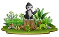 Cartoon happy baby gorilla sitting and waving on tree stump with green plants Royalty Free Stock Photo