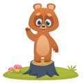 Cartoon happy bear waving hand stand on a tree stump. Vector illustration. Royalty Free Stock Photo