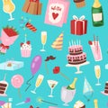 Cartoon happy birthday vector illustration seamless pattern. Colorful birthday cakes, gift boxes, alcoholic drinks and