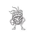 Cartoon Happy Blackberry Fruit Standing While Smiling Front View Black and White