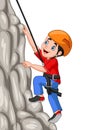 Cartoon happy boy climbing rock