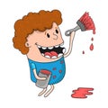 Cartoon happy boy paint brush with red paint, vector illustration Royalty Free Stock Photo