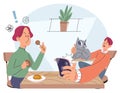 Cartoon happy boy using tablet, child watching phone while eating at kitchen at home with cat