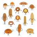 Cartoon happy breads faces character set, kawaii croissant and pastry, cute chocolate muffin and baguette expression Royalty Free Stock Photo