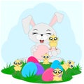 Cartoon happy bunny with chickens and eggs 1